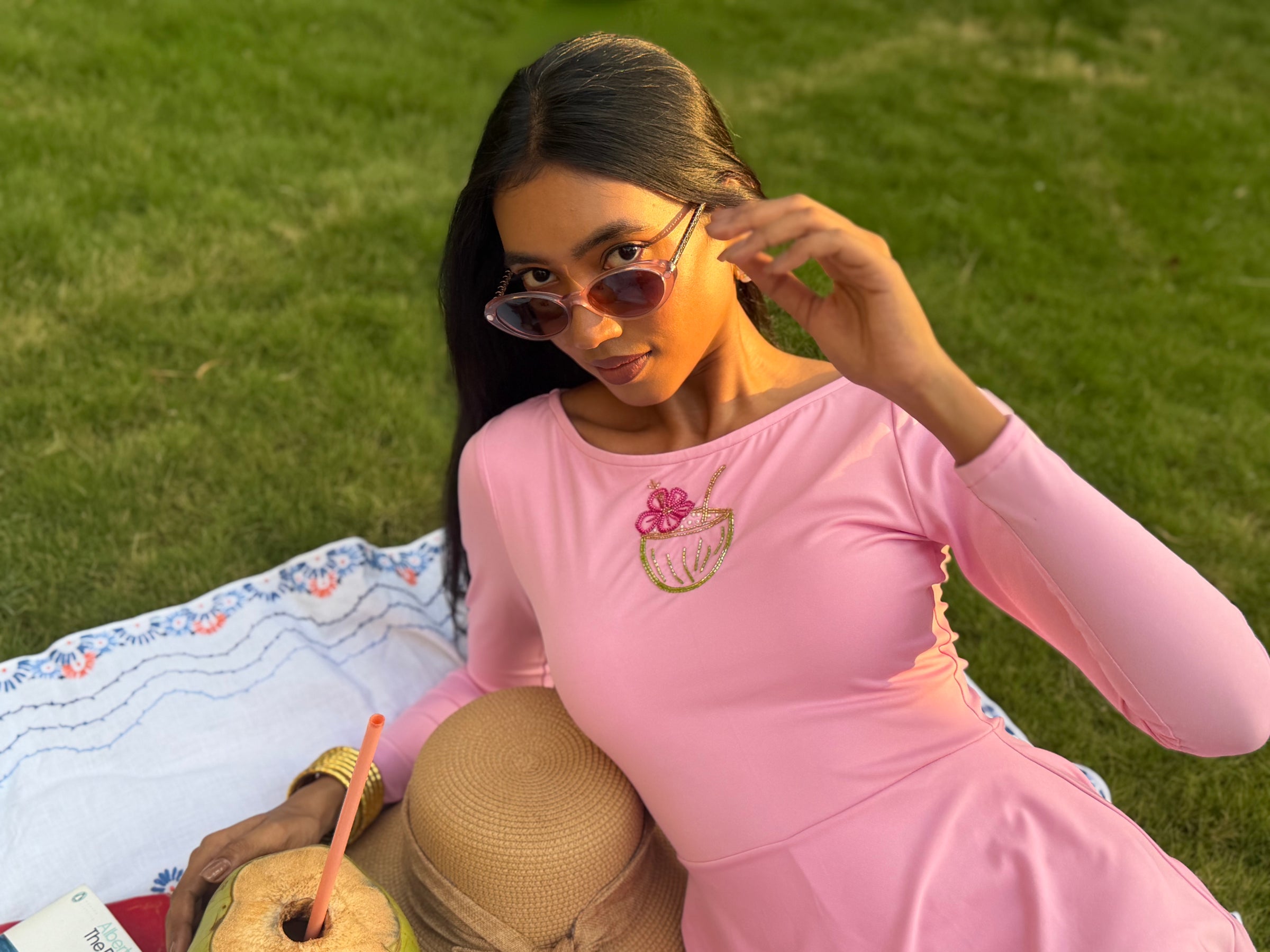 Sea Spurrey full-sleeve padded swim dress in pink